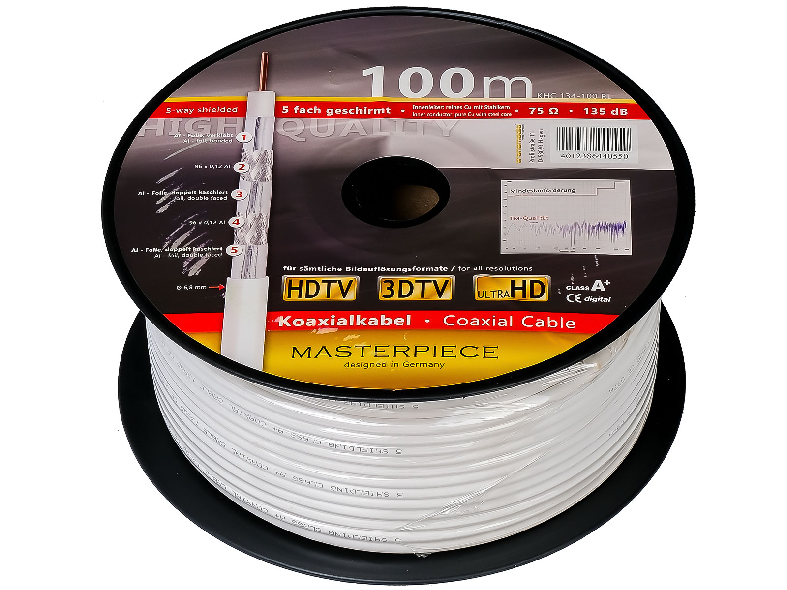 Antennenkabel - Transmedia KHC134-100R-M \n 6.8 mm 135 dB Meterware CCS weiß Sat Kabel HIGH Class A+